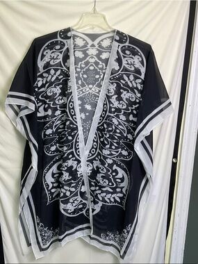 Sheer Black & White Swim Coverup Kimono